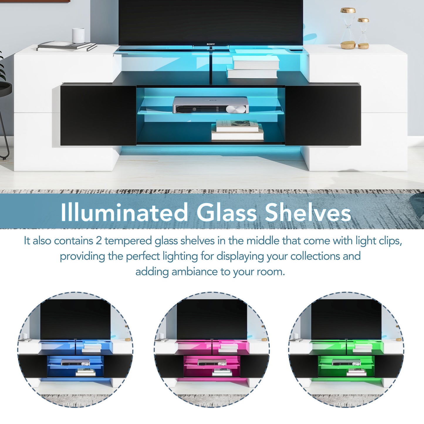 Trax TV Stand with 2 Illuminated Glass Shelves - White+Black