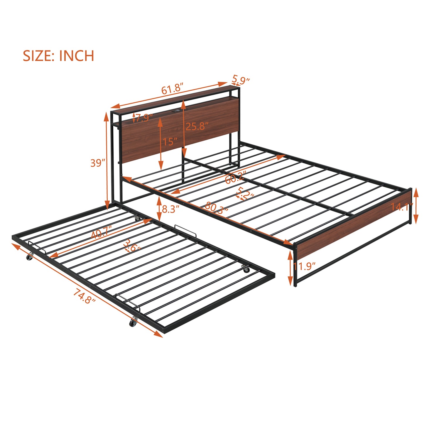 Draven Queen Size Metal Platform Bed Frame with Trundle - Black