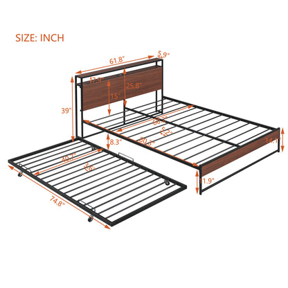 Draven Queen Size Metal Platform Bed Frame with Trundle - Black