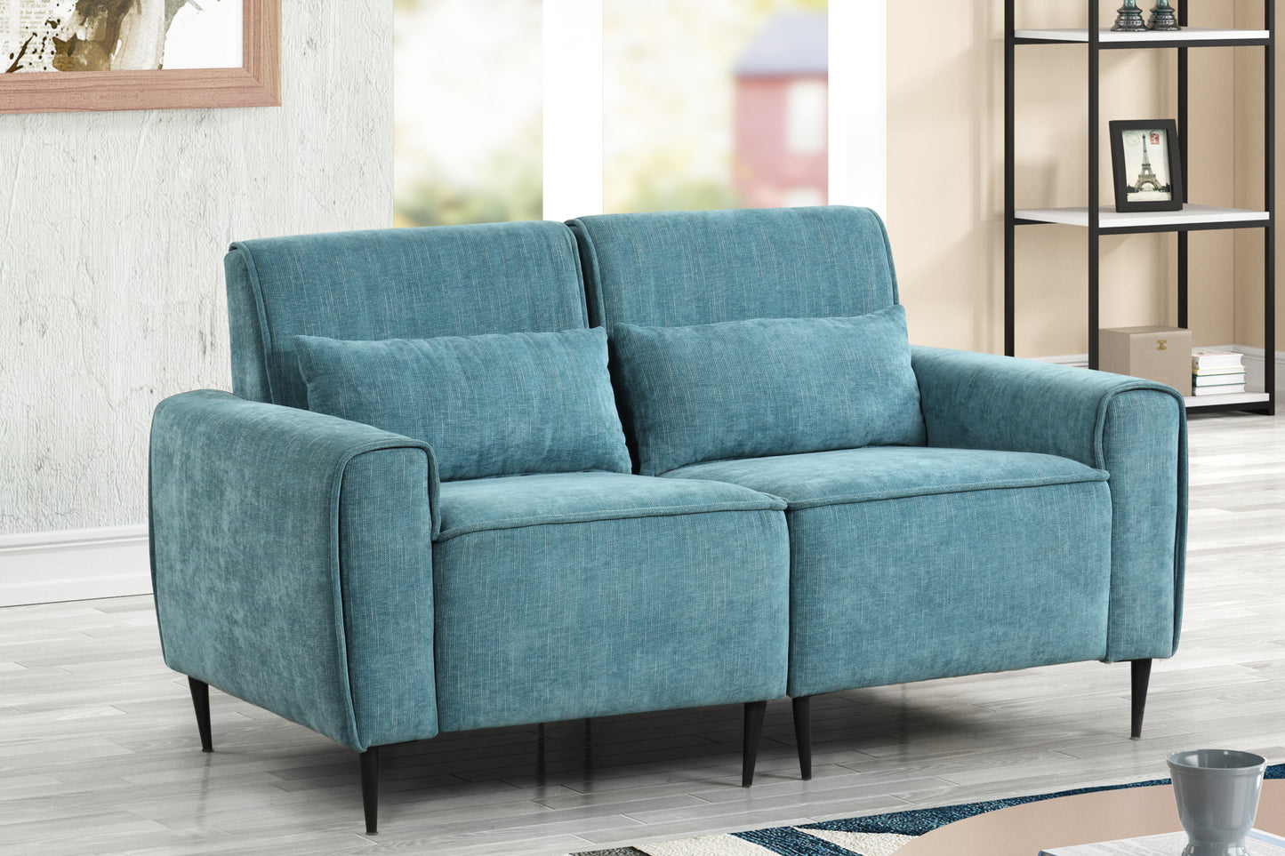 Valentina Chenille Loveseat with Throw Pillows - Blue