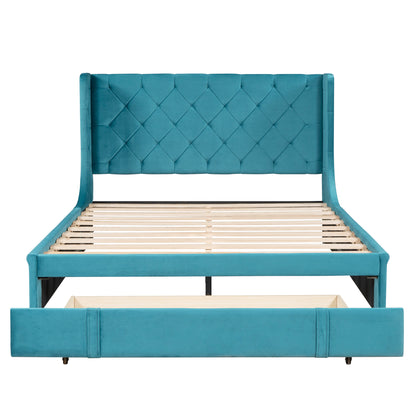 Regal Queen Size Velvet Storage Bed - Blue