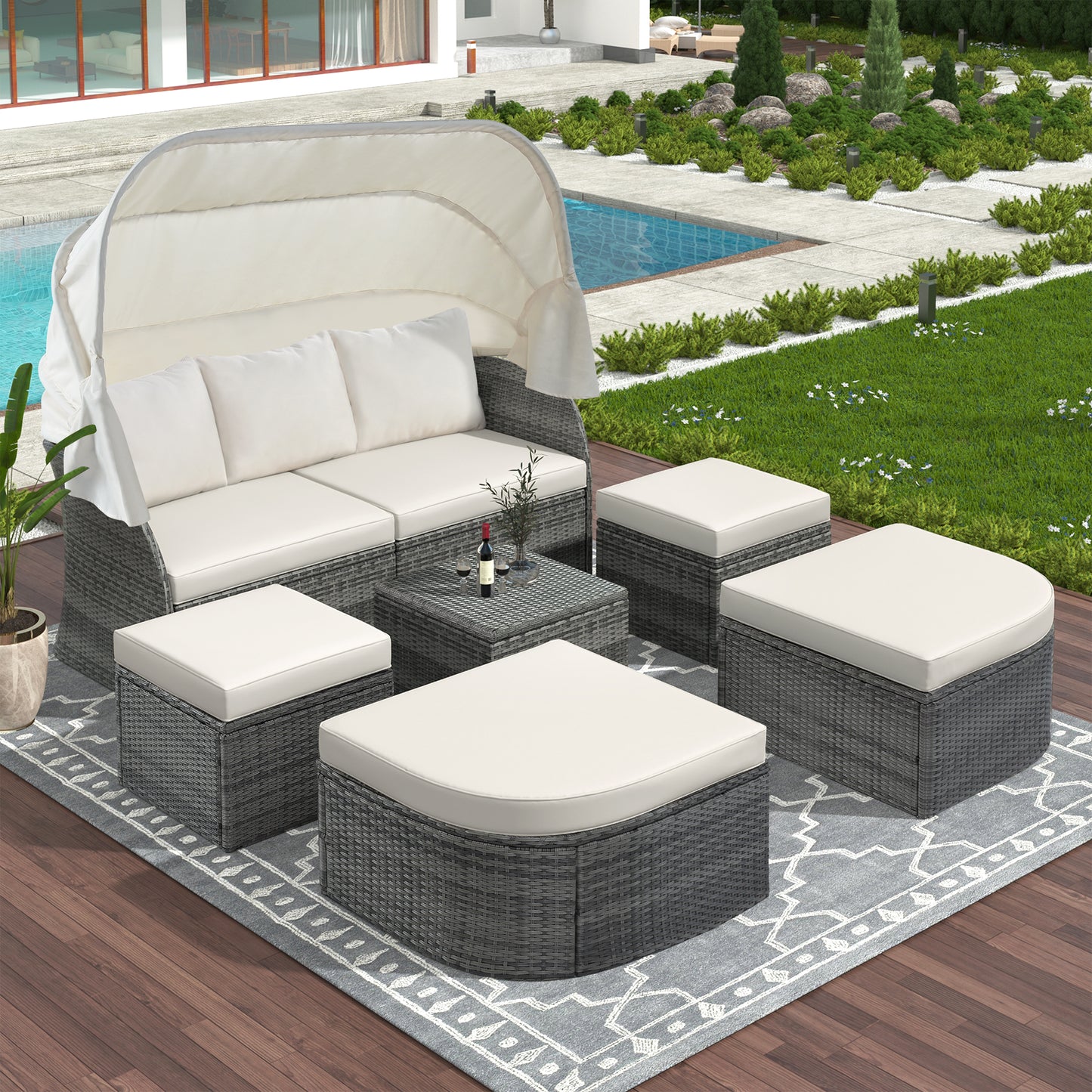 Zella Outdoor Daybed with Retractable Canopy Set - Beige