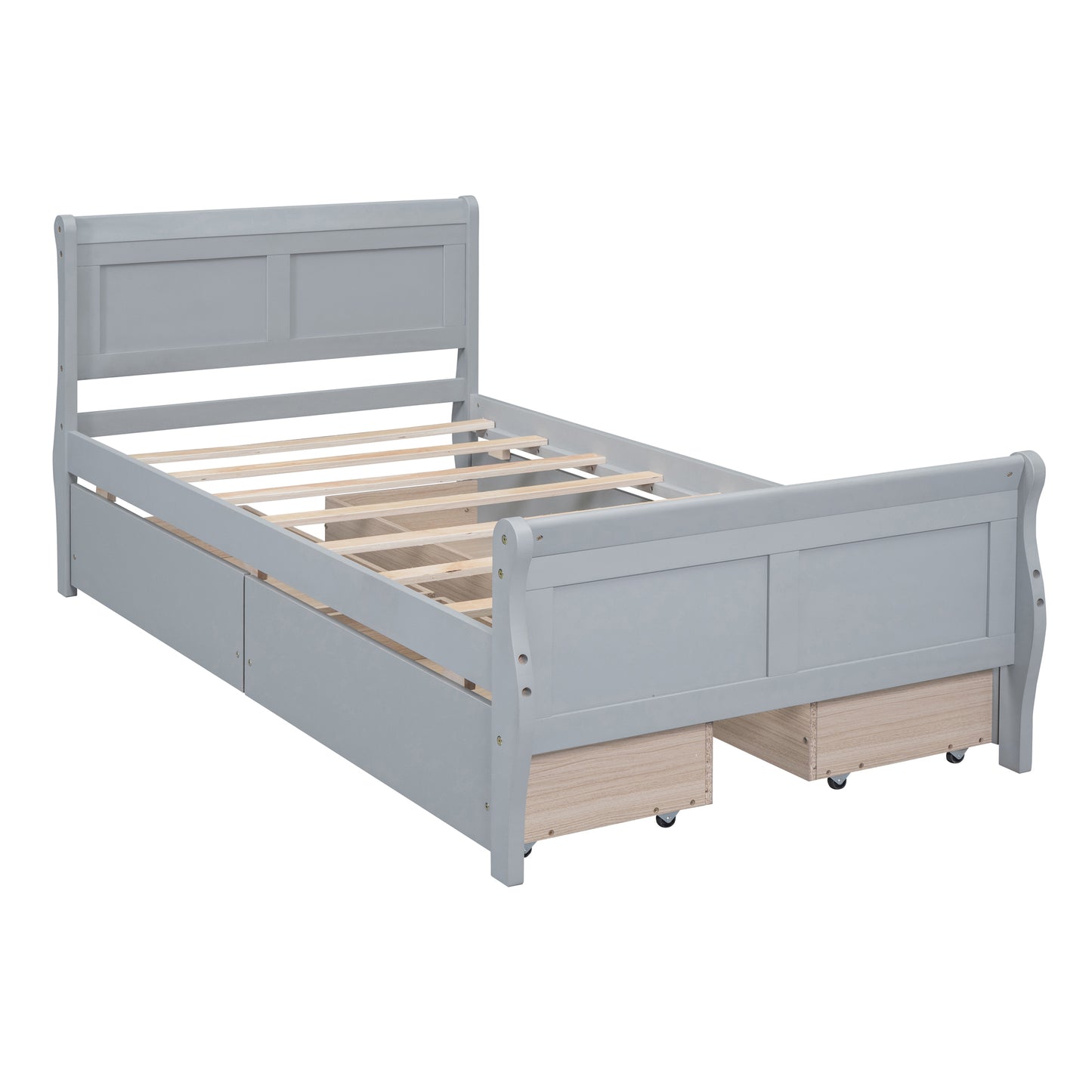 Meg Twin Size Wood Platform Bed with 4 Drawers - Gray