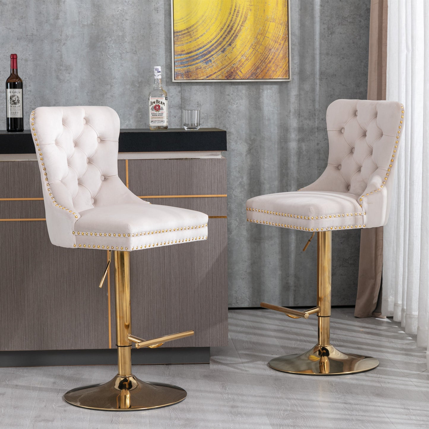 Golden Velvet Comfort Barstools - Beige Set of 2