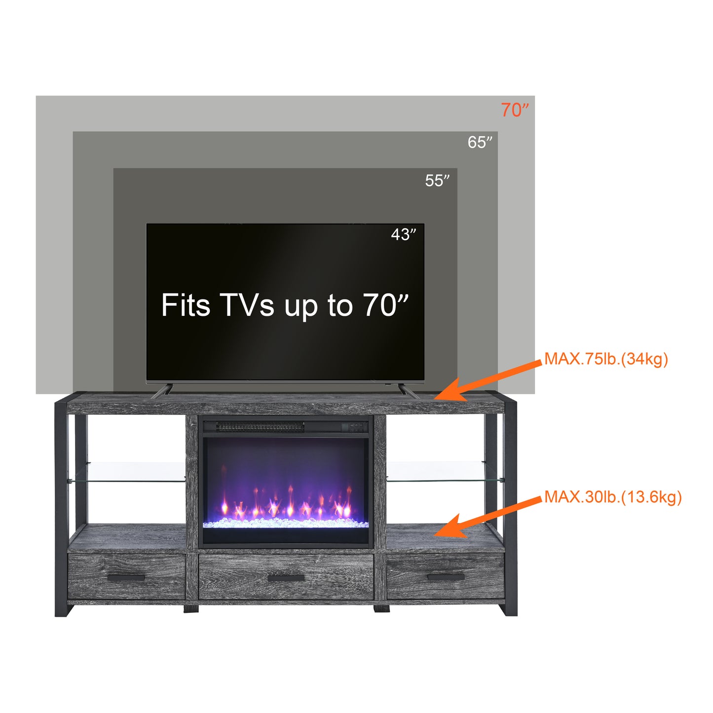 Electric Fireplace MediaTV Stand with Colorful LED Lights - Oak