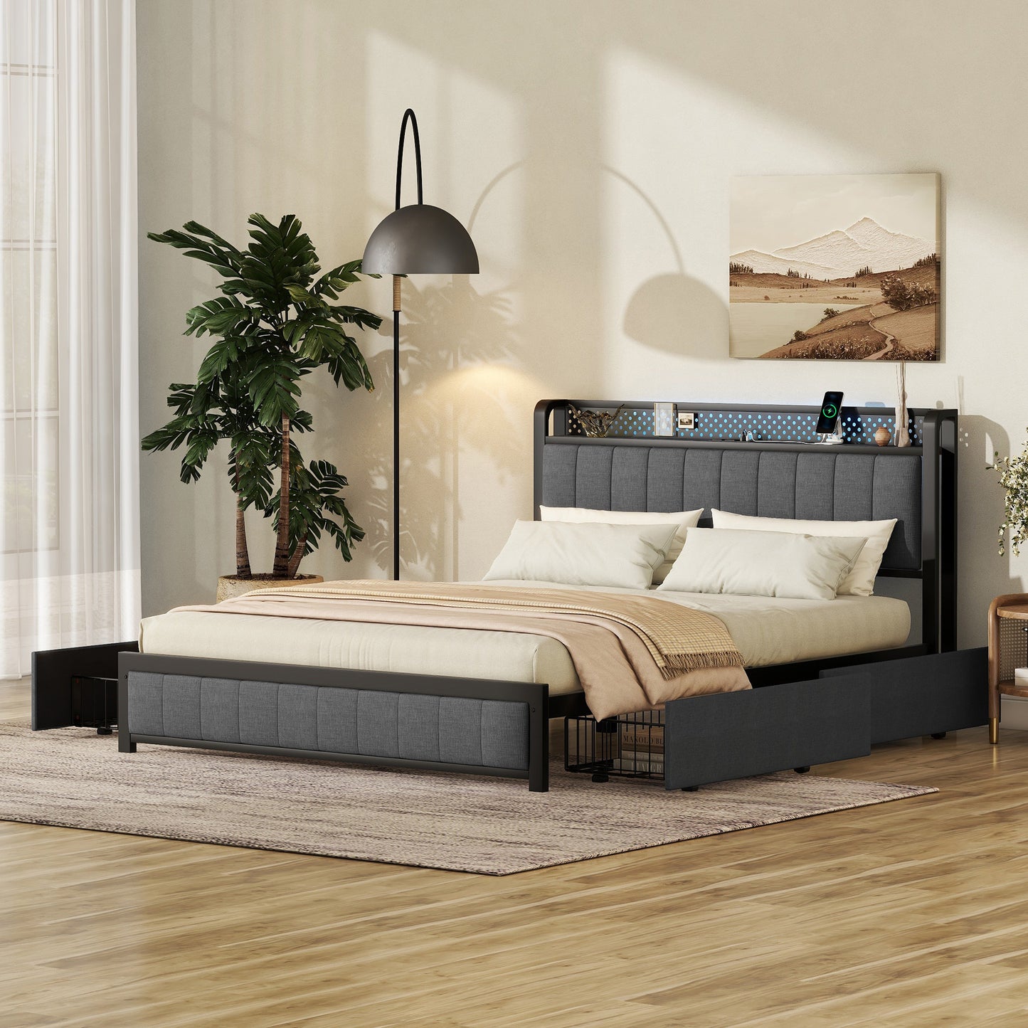 Kie Queen Size Bed Frame with LED - Dark Gray