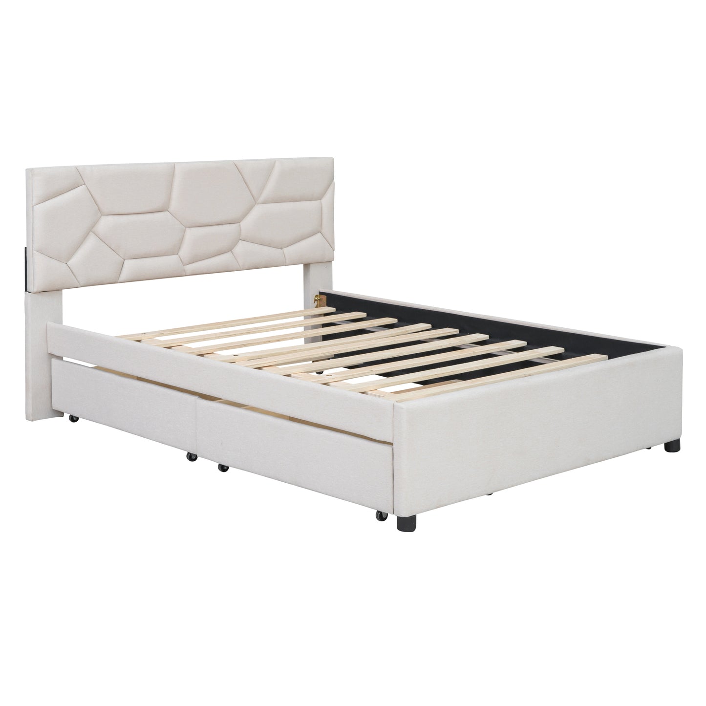 Brick Full Size Platform Bed with 2 drawers and Twin Size Trundle - Beige