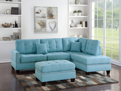 Amara 3pcs Sectional Reversible Chaise Sofa And Ottoman - Blue