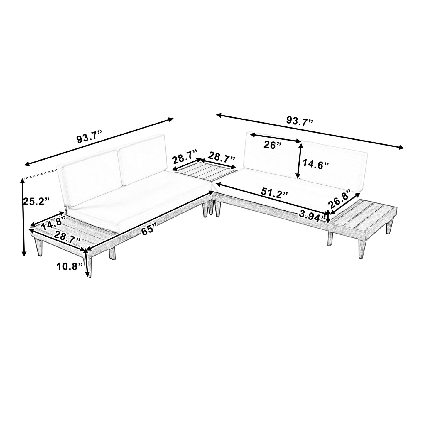 Torri 3 Pc Patio Solid Wood Sectional Sofa Set - Beige