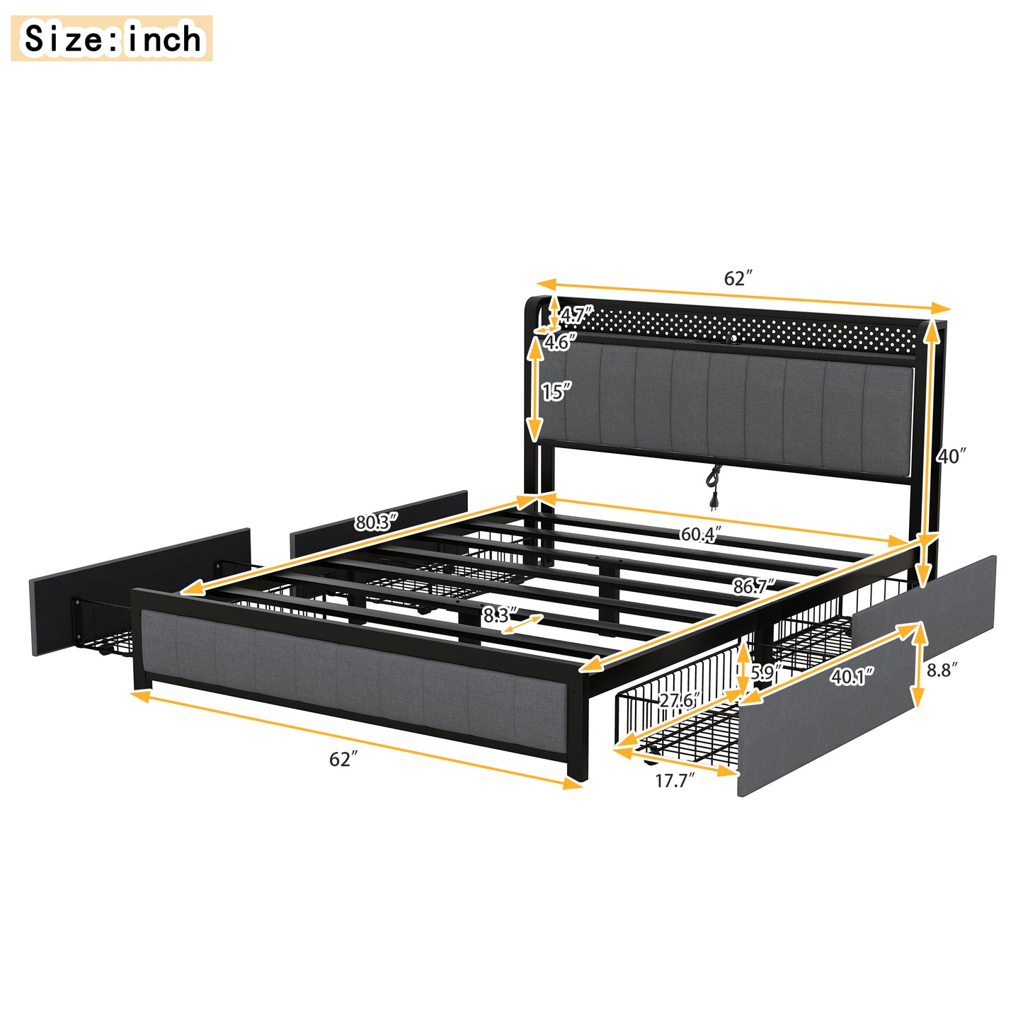 Kie Queen Size Bed Frame with LED - Dark Gray