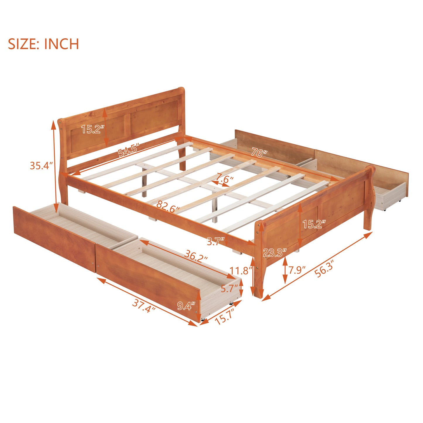 Meg Full Size Wood Platform Bed with 4 Drawers - Oak