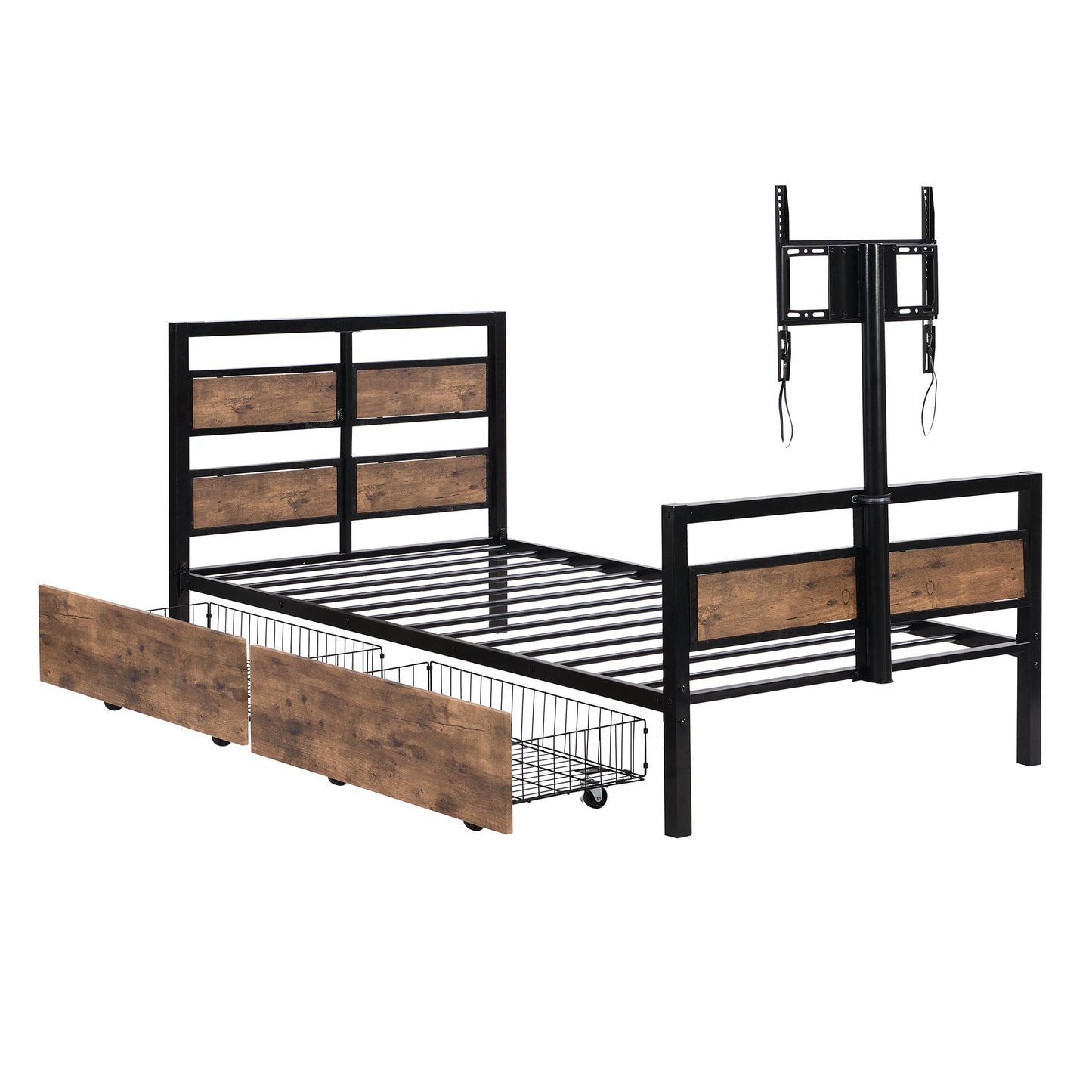 Rosy Twin Size Metal Platform Bed w Rotatable TV Stand - Black