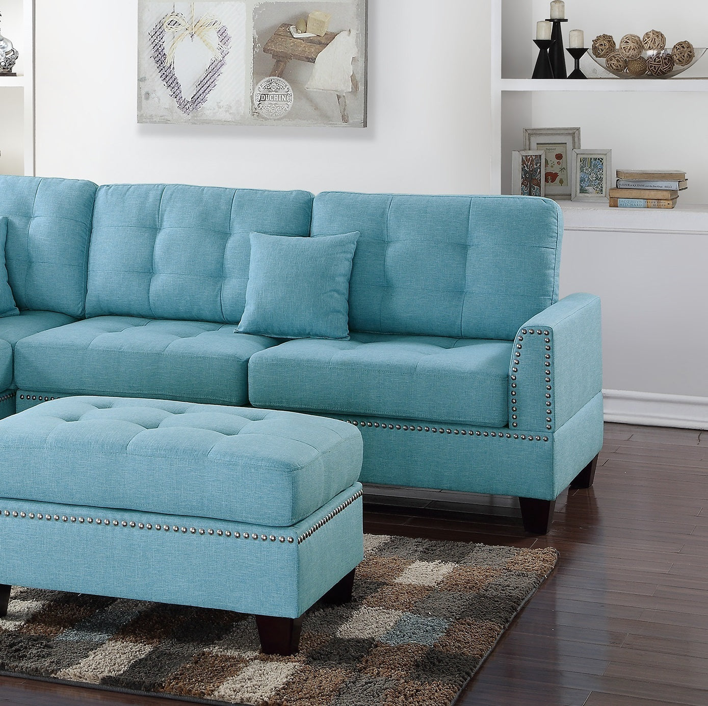 Amara 3pcs Sectional Reversible Chaise Sofa And Ottoman - Blue