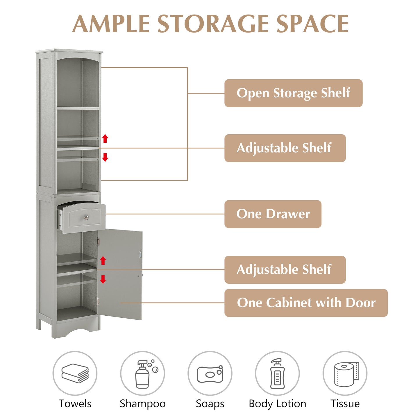 Tower Bathroom Cabinet with Drawer - Gray