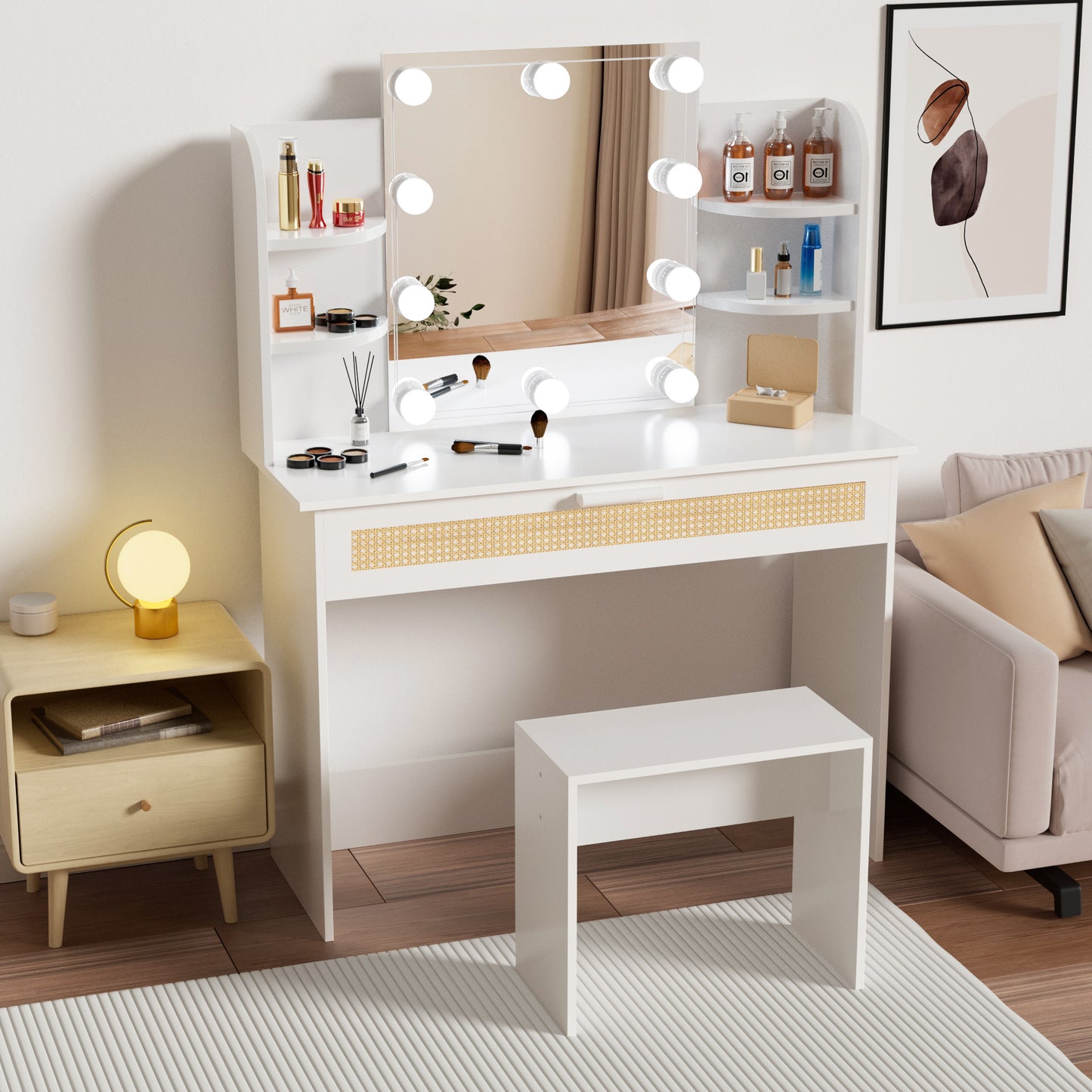 Brooks II Vanity Desk Set With LED Lighting Mirror - White