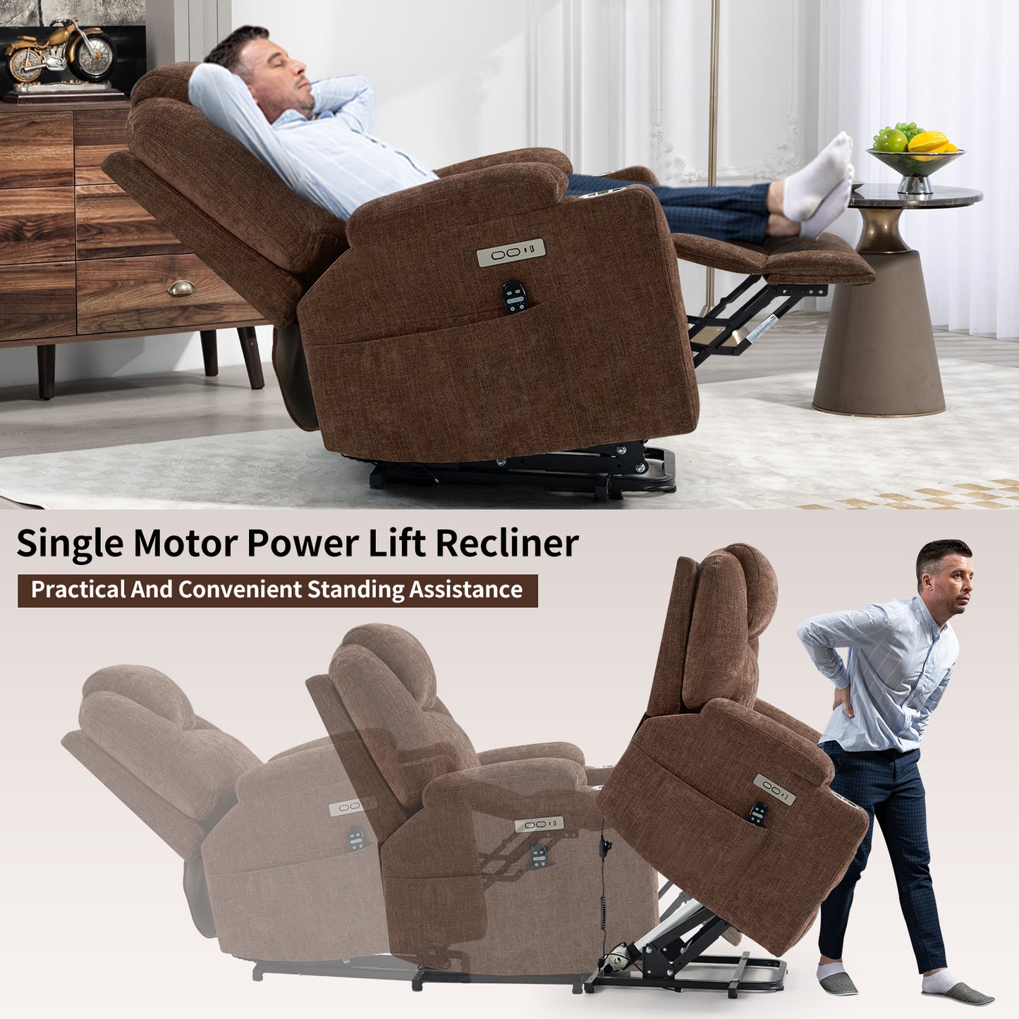 Okin Power Lift Chenille Recliner Chair with Massage & Heat - Brown