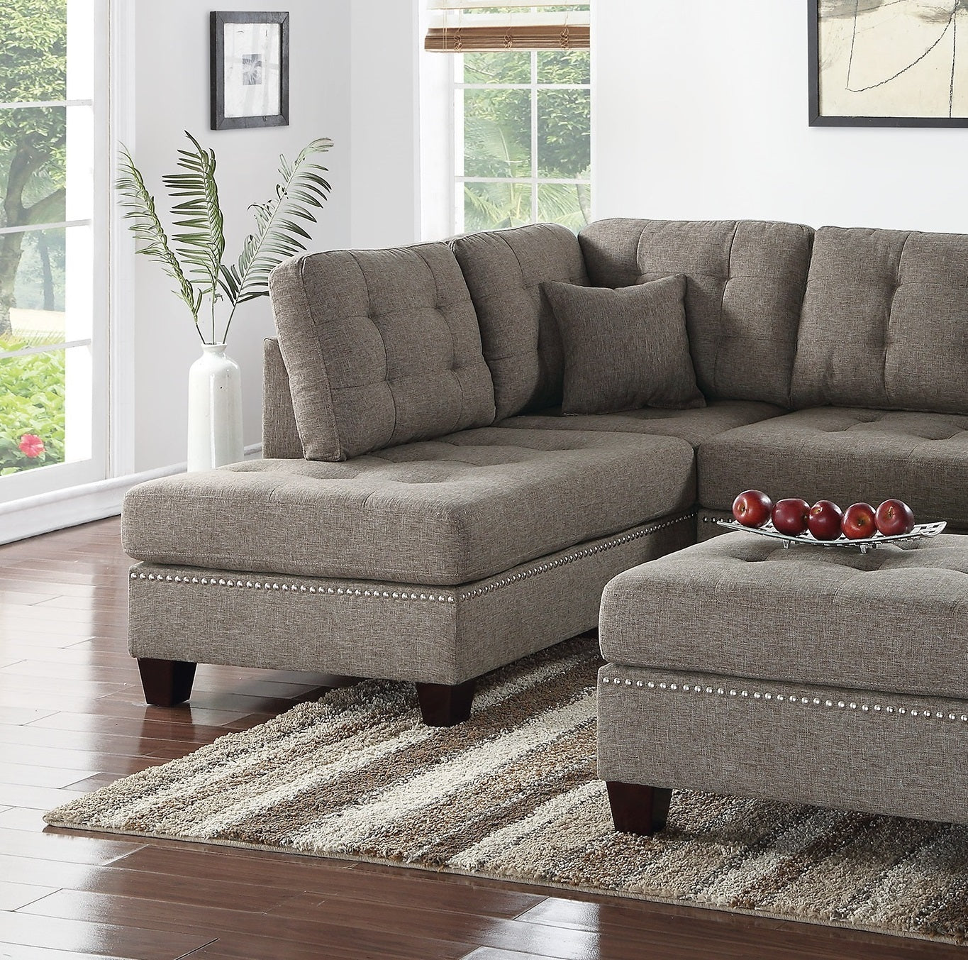 Amara 3pcs Sectional Reversible Chaise Sofa And Ottoman - Coffee