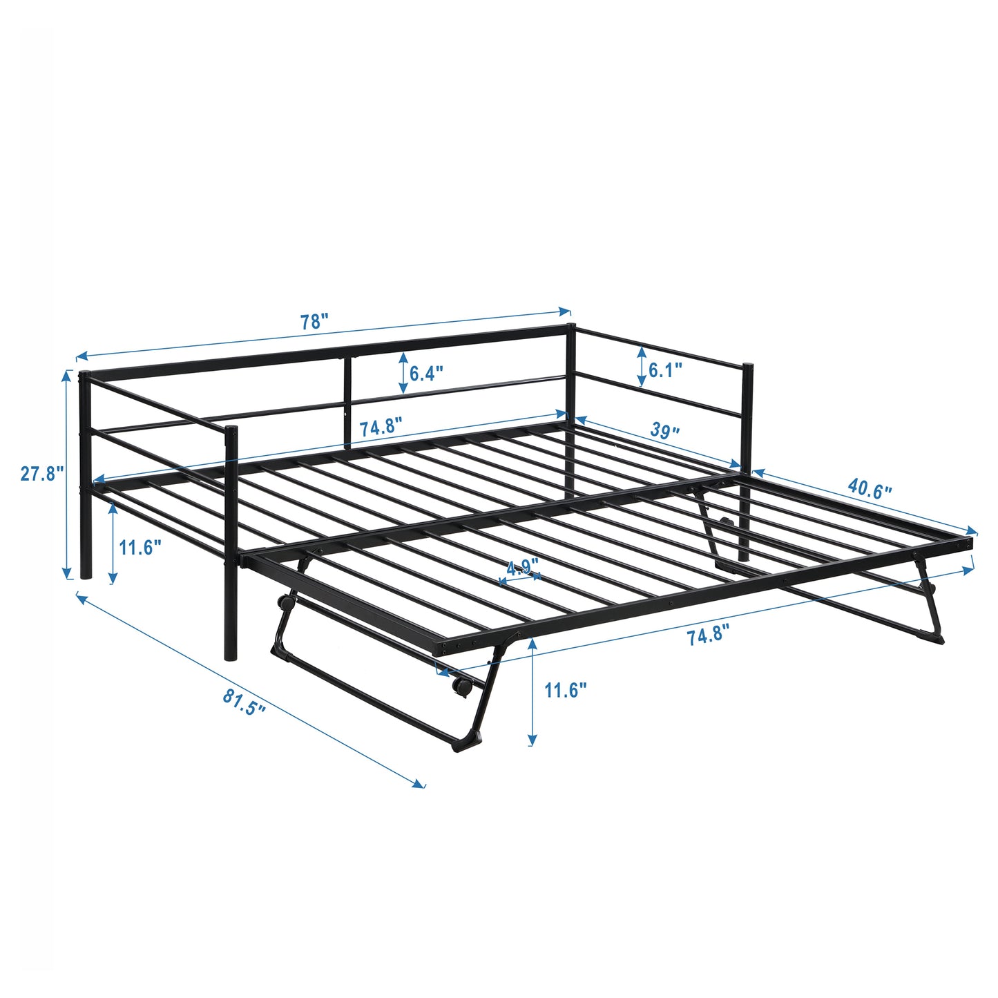 Wago Twin Size Metal Daybed with Adjustable Trundle - Black