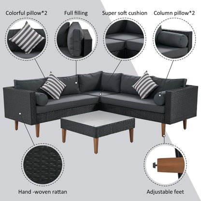 Selma  4 Pc Outdoor Wicker Sofa Set - Black+ Gray