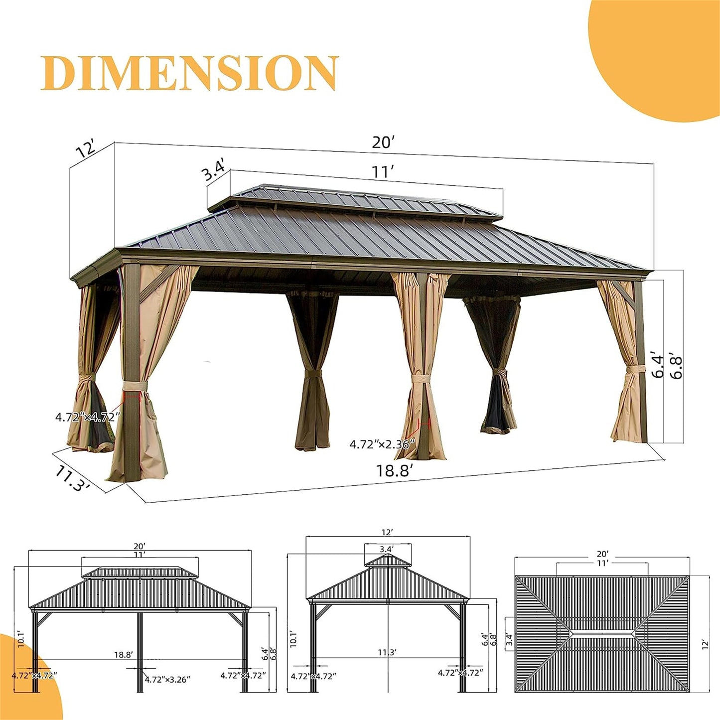 Shana 12 X 20 ft Hardtop Gazebo Outdoor Aluminum  - Brown