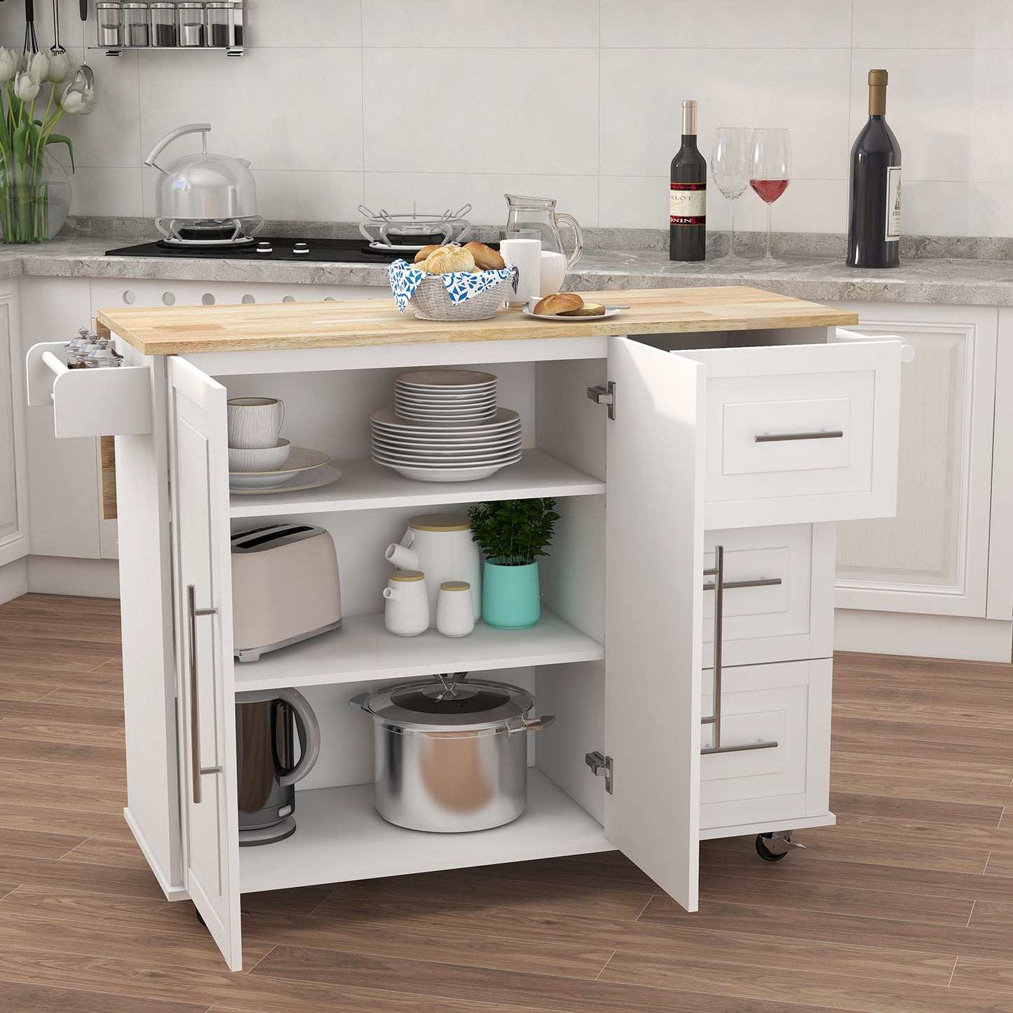 Artisan Kitchen Island with Solid Wood Table Top - White