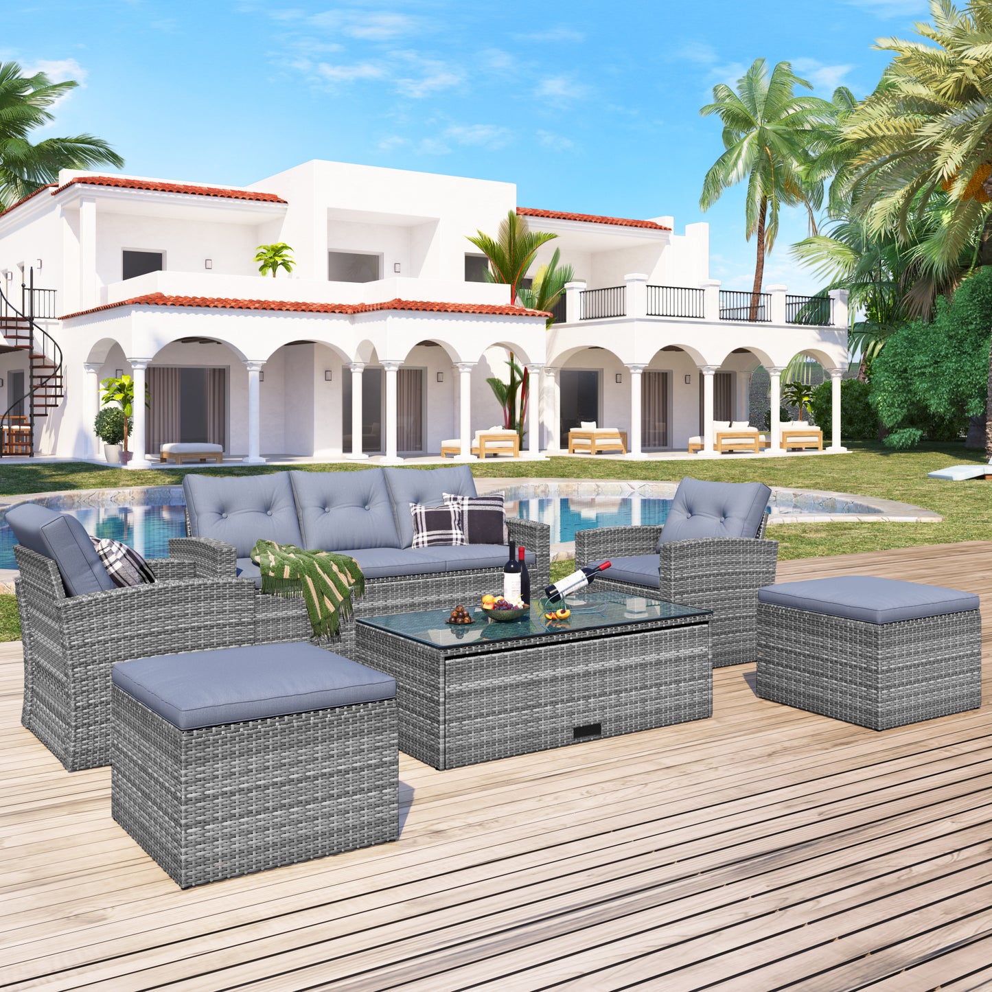 Prado 6 Pc PE Rattan Outdoor Patio Furniture Set - Gray