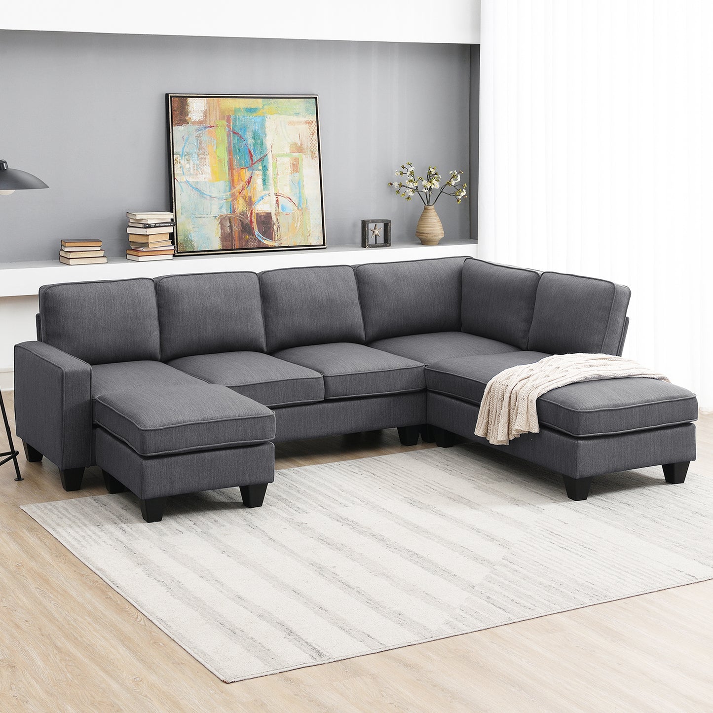 Vortex 7-seat Linen Fabric L-shaped Sectional Sofa - Gray