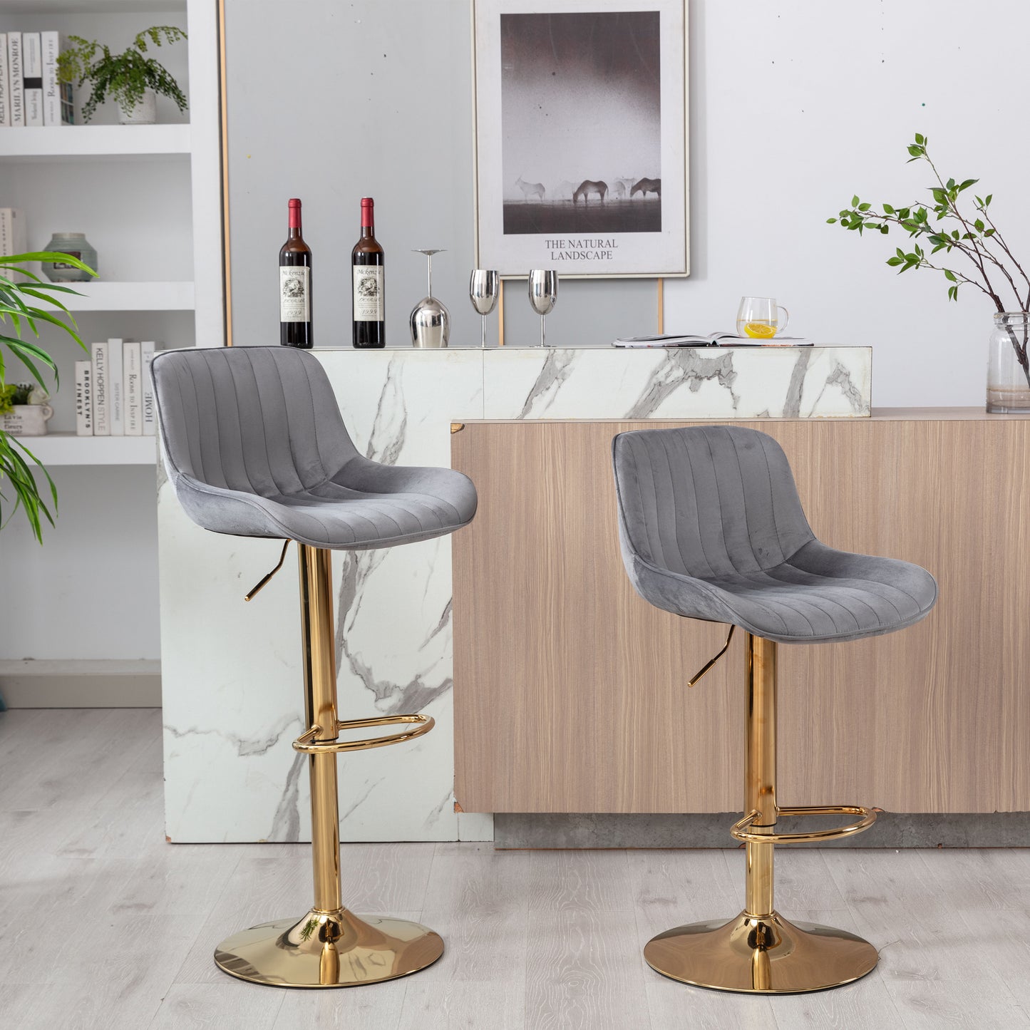 Stramline Adjustable Velvet + Golden Leg Bar Stool - Gray Set of 2