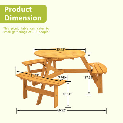 Nix 6-Person Circular Outdoor Wooden Picnic Table - Natural