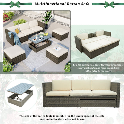 Ocie 5 Pc Outdoor Patio Rattan Sectional Sofa Set - Beige