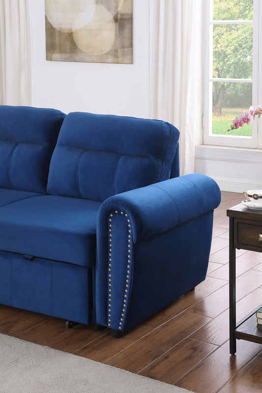 Ashton Velvet Fabric Reversible Sleeper Sectional Sofa Chaise - Blue