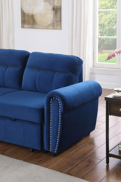 Ashton Velvet Fabric Reversible Sleeper Sectional Sofa Chaise - Blue