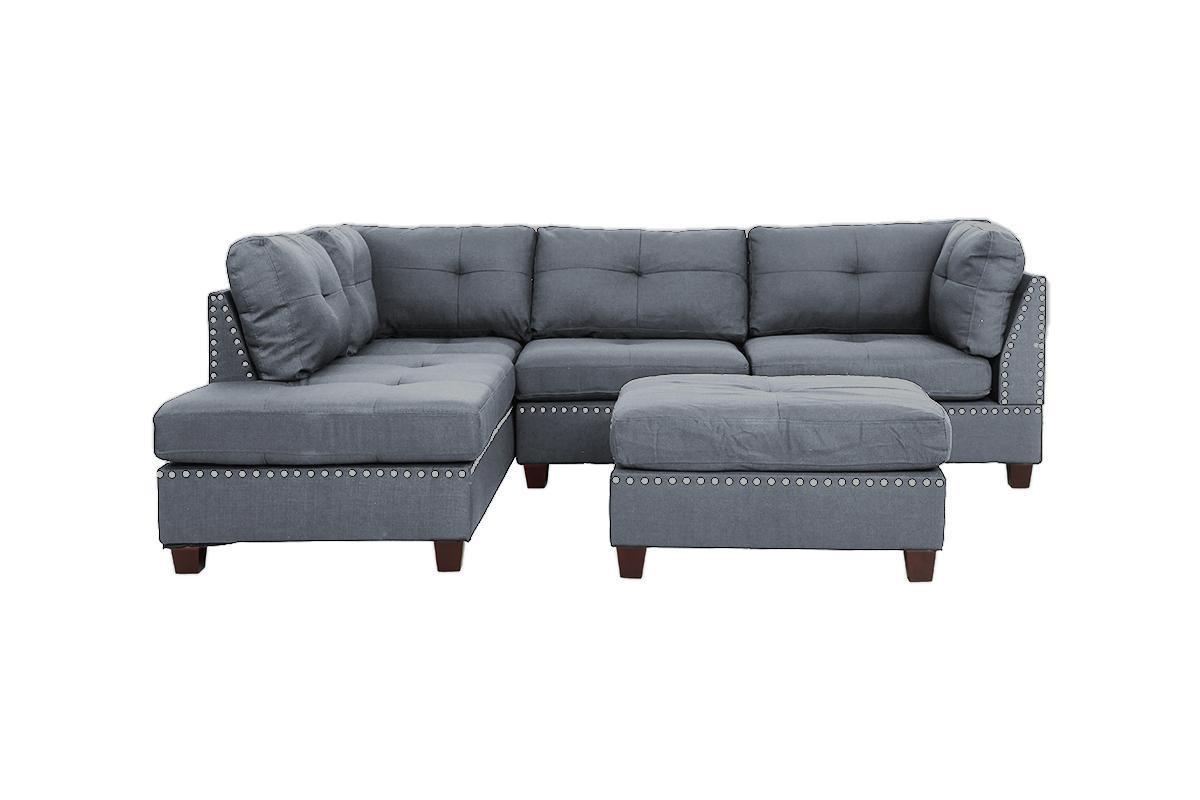 Surya 3pc  Sectional Sofa Polyfiber Cushion Sofa Chaise Ottoman Reversible Couch Pillows - Blue Grey