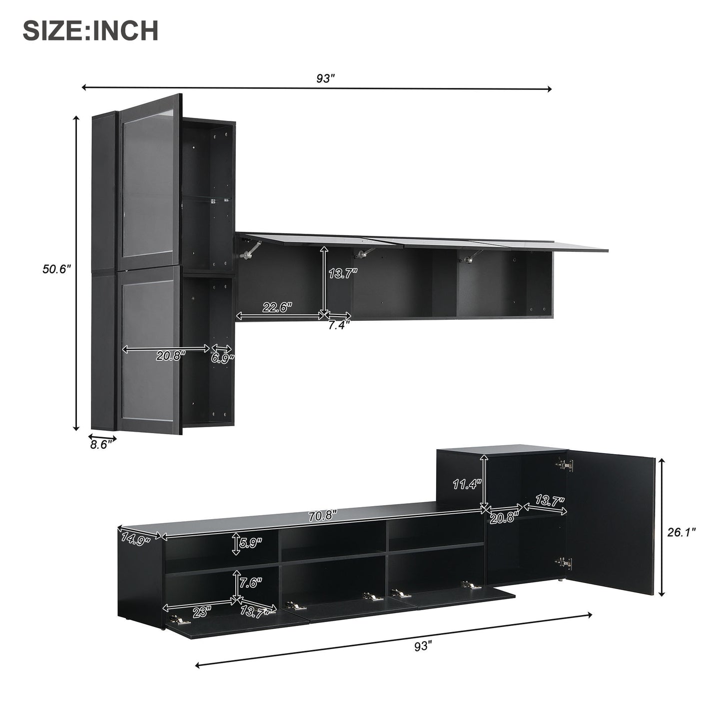 Sata TV Stand with Wall Mounted Floating Storage - Black