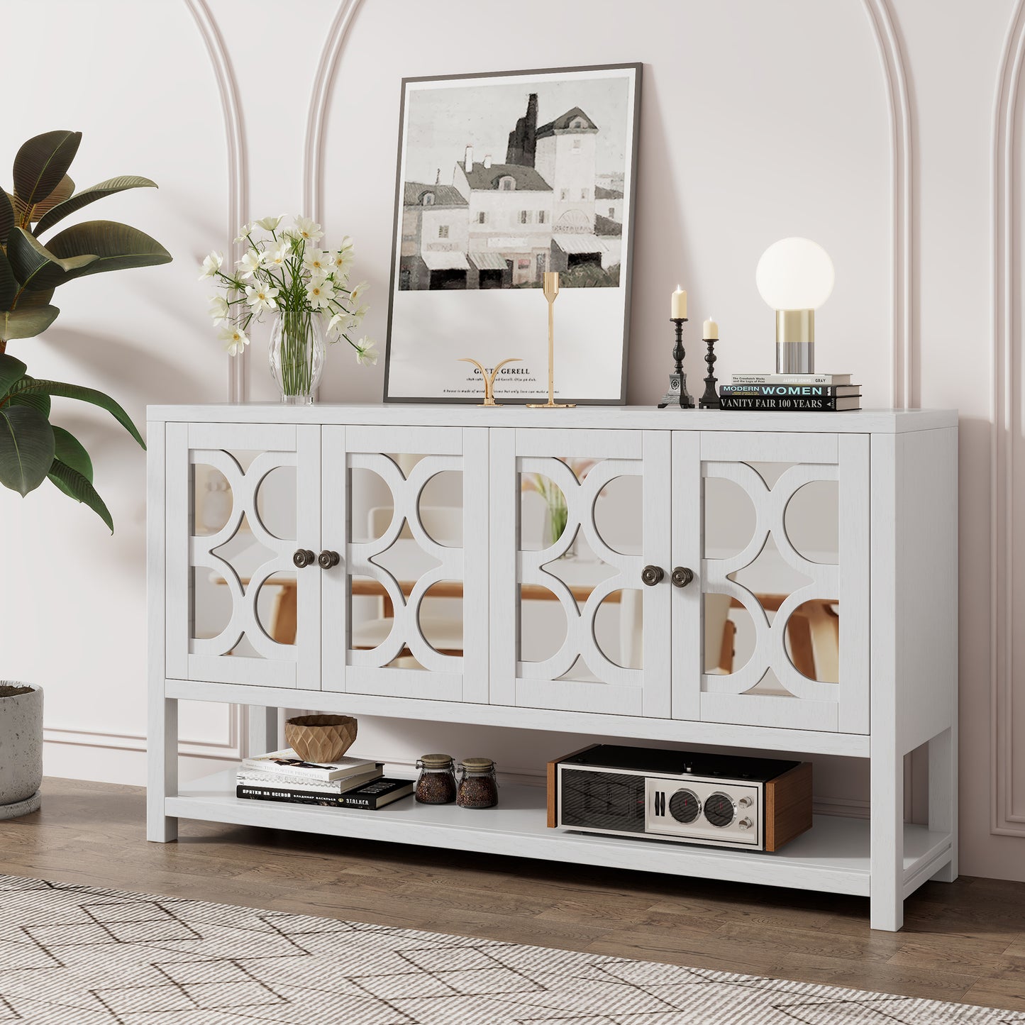 Stasia Sideboard Buffet with Mirrored Doors - Antique White