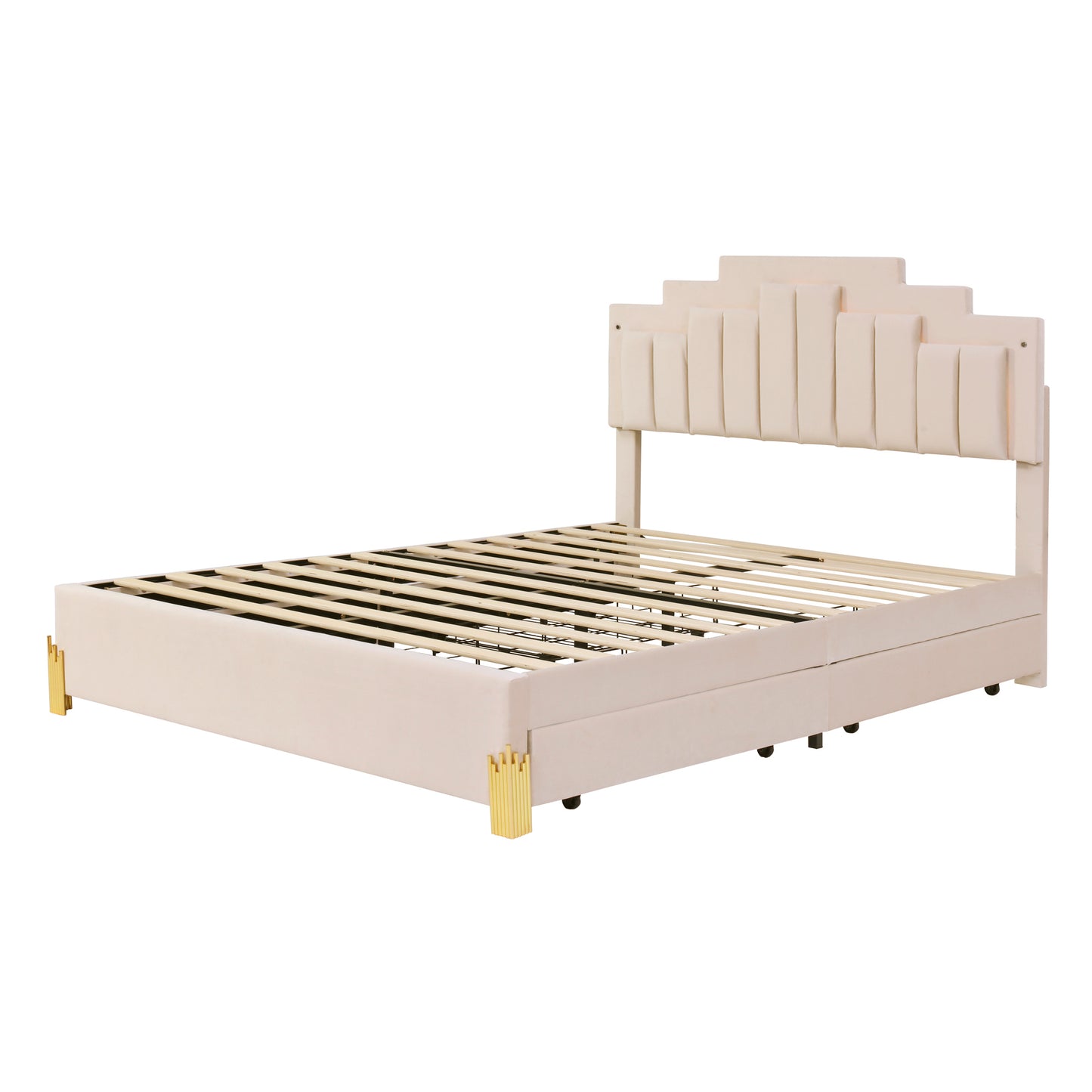 Neco Queen Size Platform Bed with LED and 4 Drawers - Beige