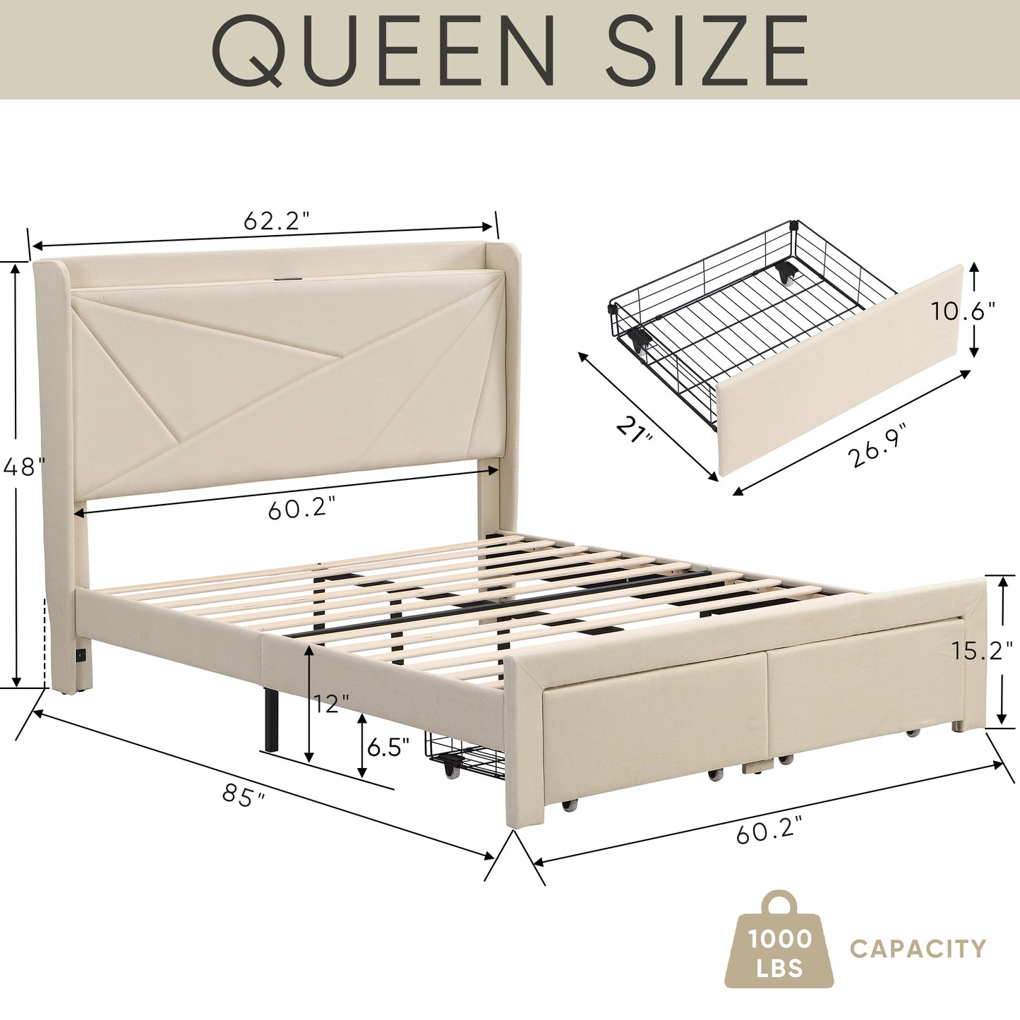 Craven Queen Size Bed Frame with 2 Storage Drawers - Beige