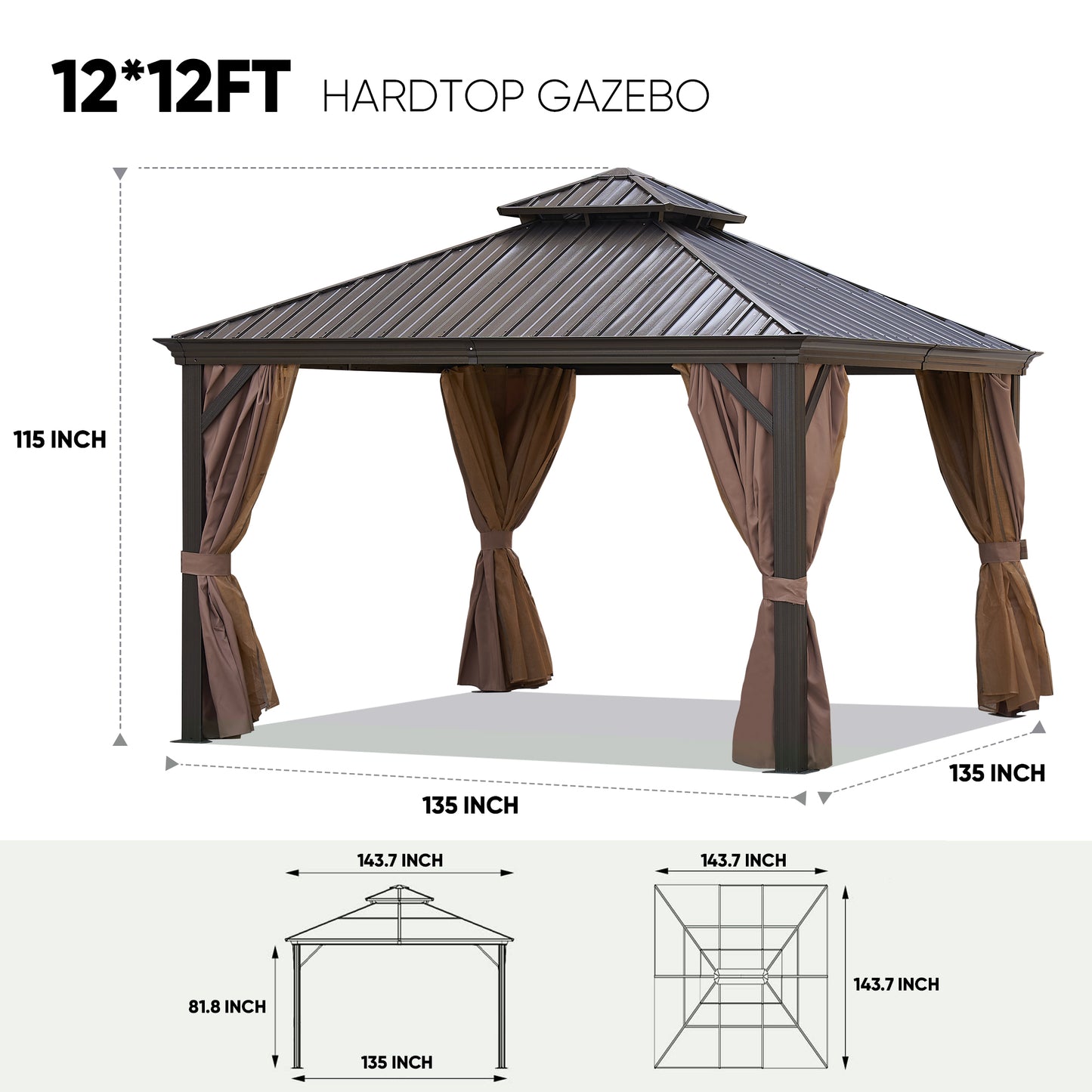 Afix 12 X 12 ft  Permanent Hardtop Gazebo Canopy - Bronze