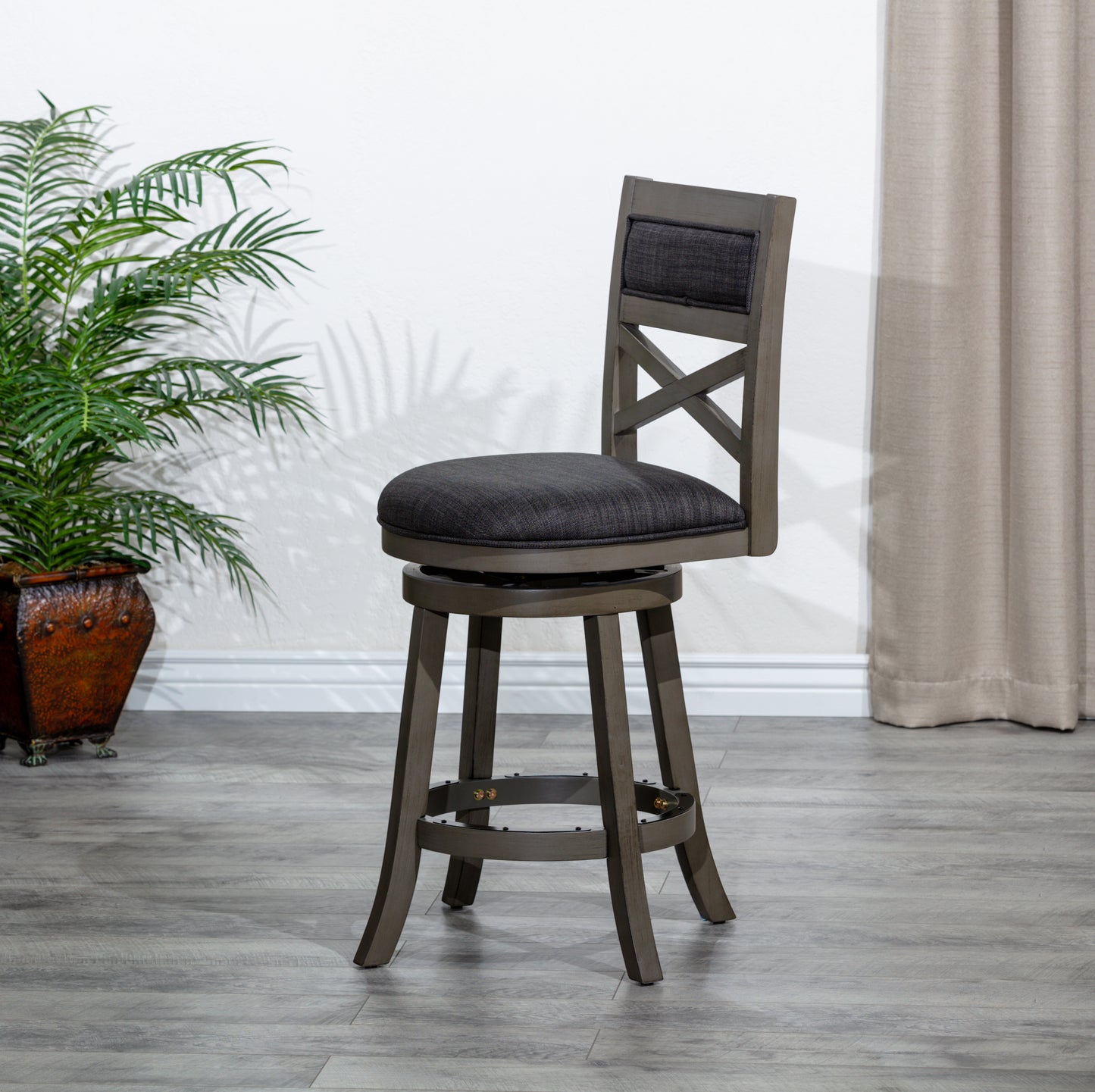 Counter Height X-Back Swivel Stool, Weathered Gray Finish, Charcoal Fabric Seat