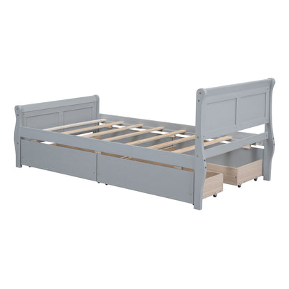 Meg Twin Size Wood Platform Bed with 4 Drawers - Gray