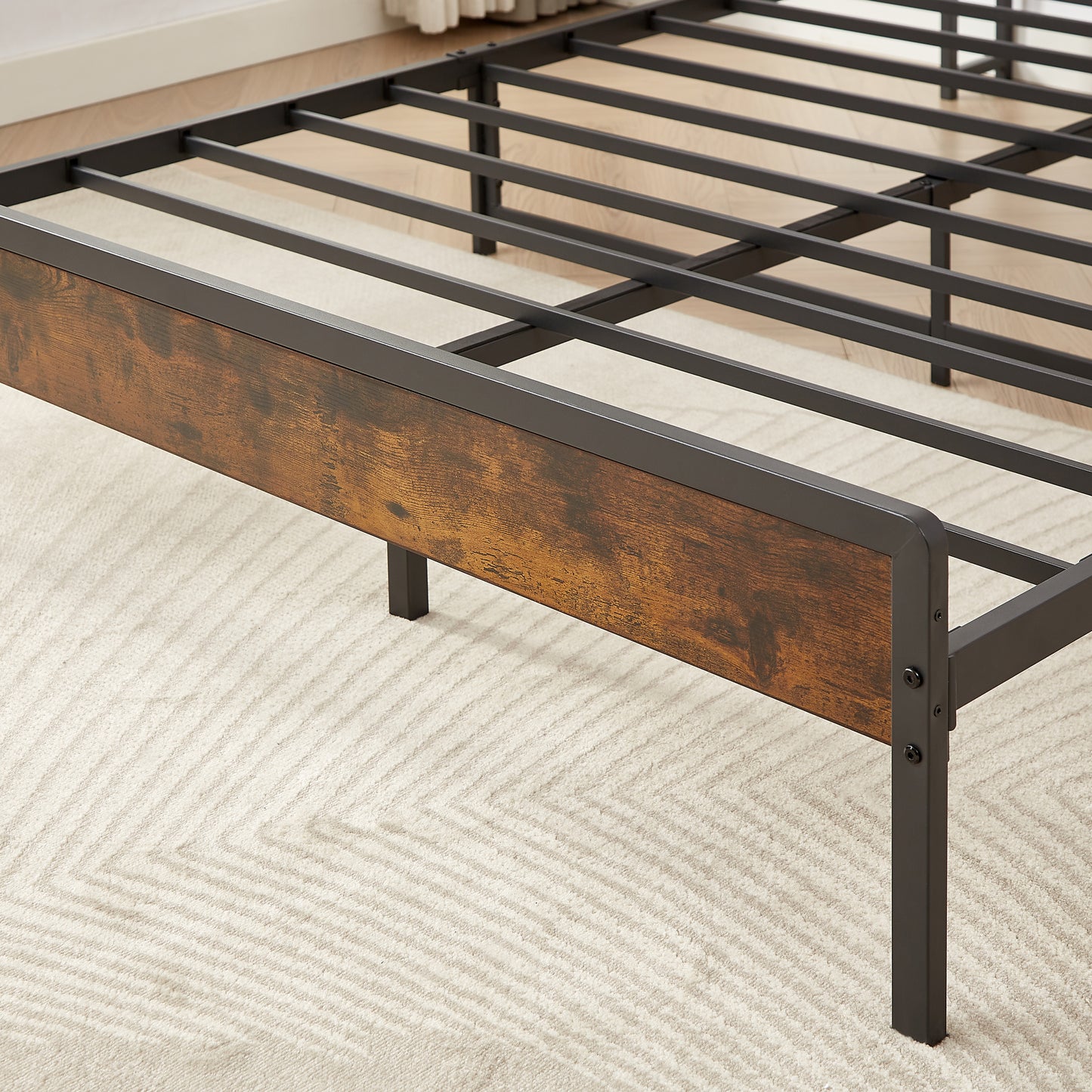 Biony Queen Size Metal Bed Frame W Charging Station - Rustic Brown