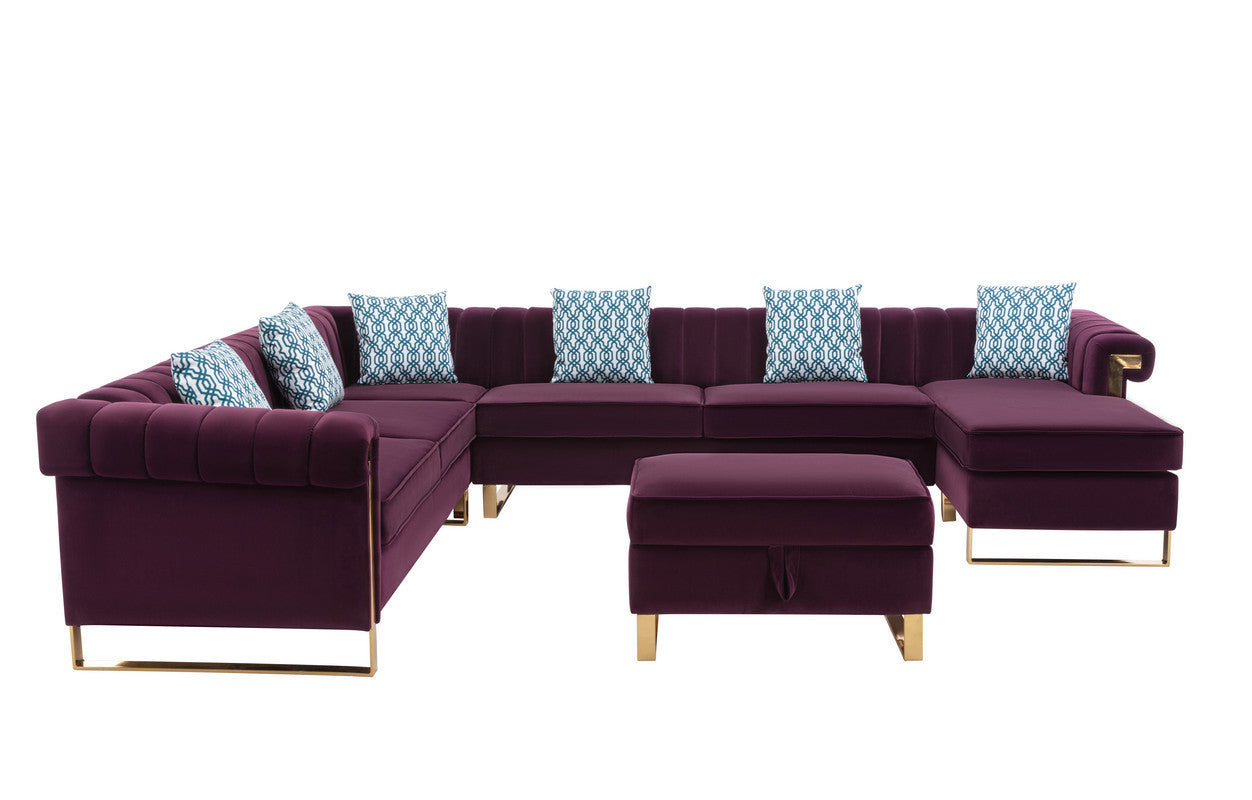 Maddie Velvet 8-Seater Sectional Sofa with Reversible Chaise and   Ottoman - Purple