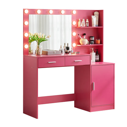 Melanie Vanity Desk with Mirror and Lights - Rose Pink