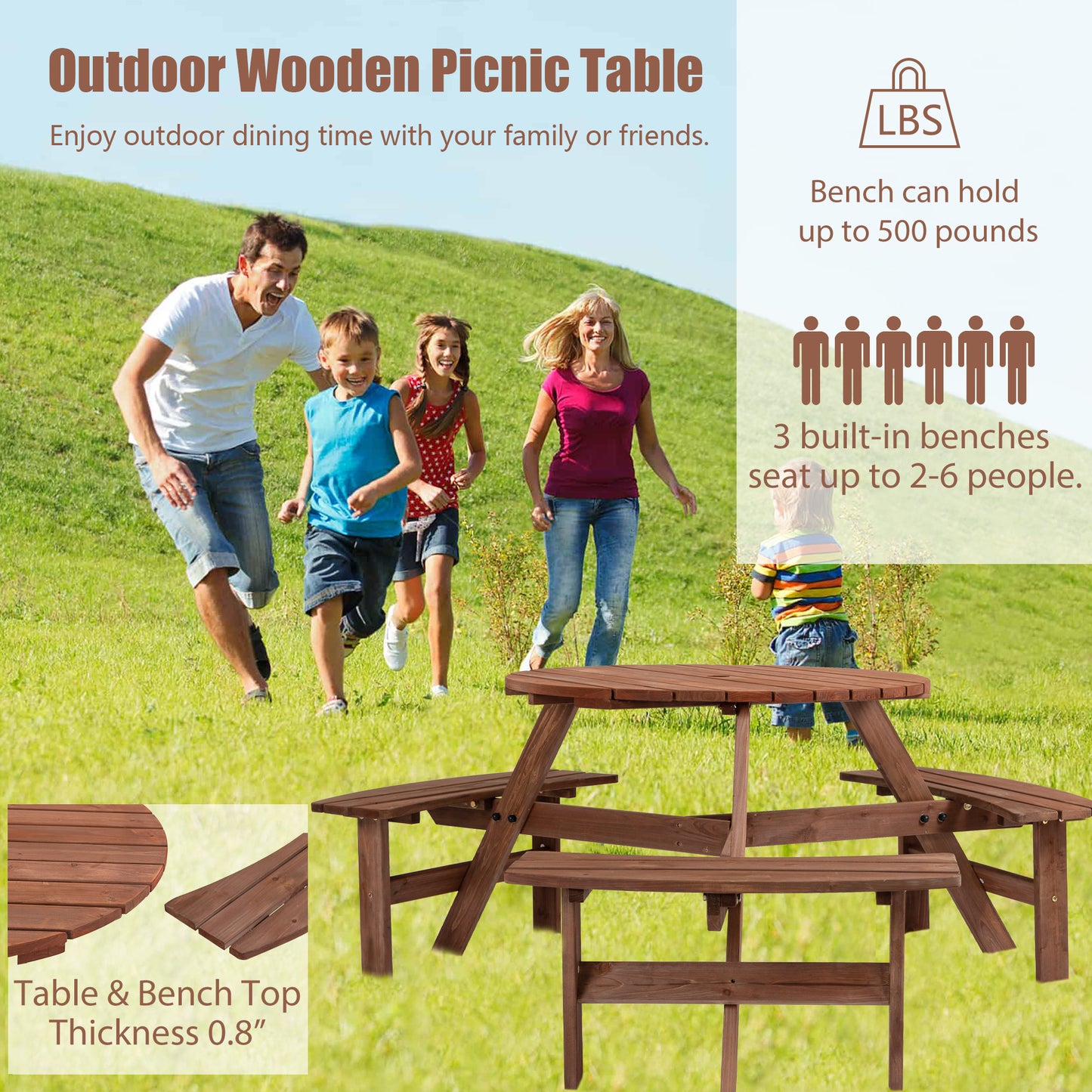 Nix 6-Person Circular Outdoor Wooden Picnic Table - Brown