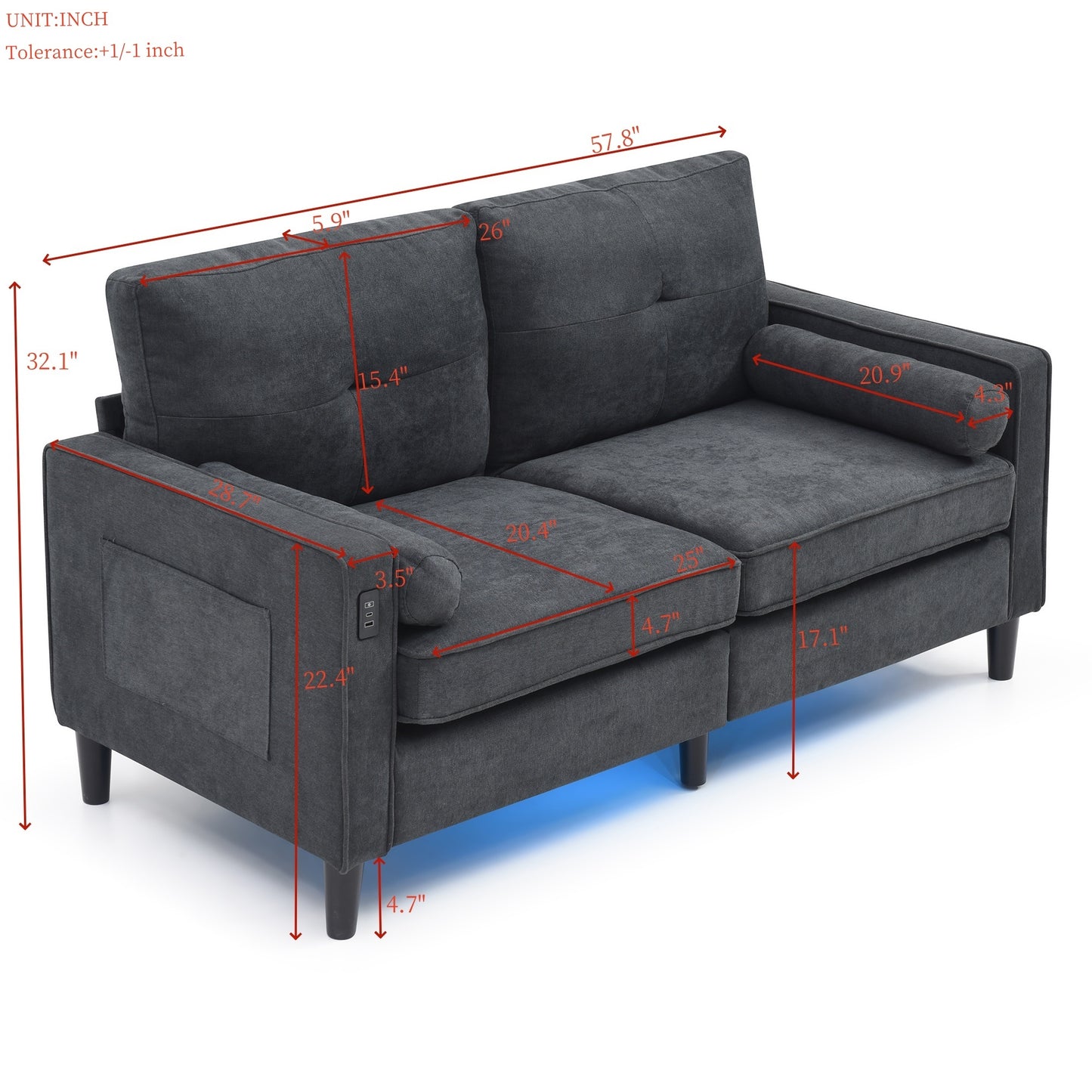 Loveseat Couch with LED Lights - Black