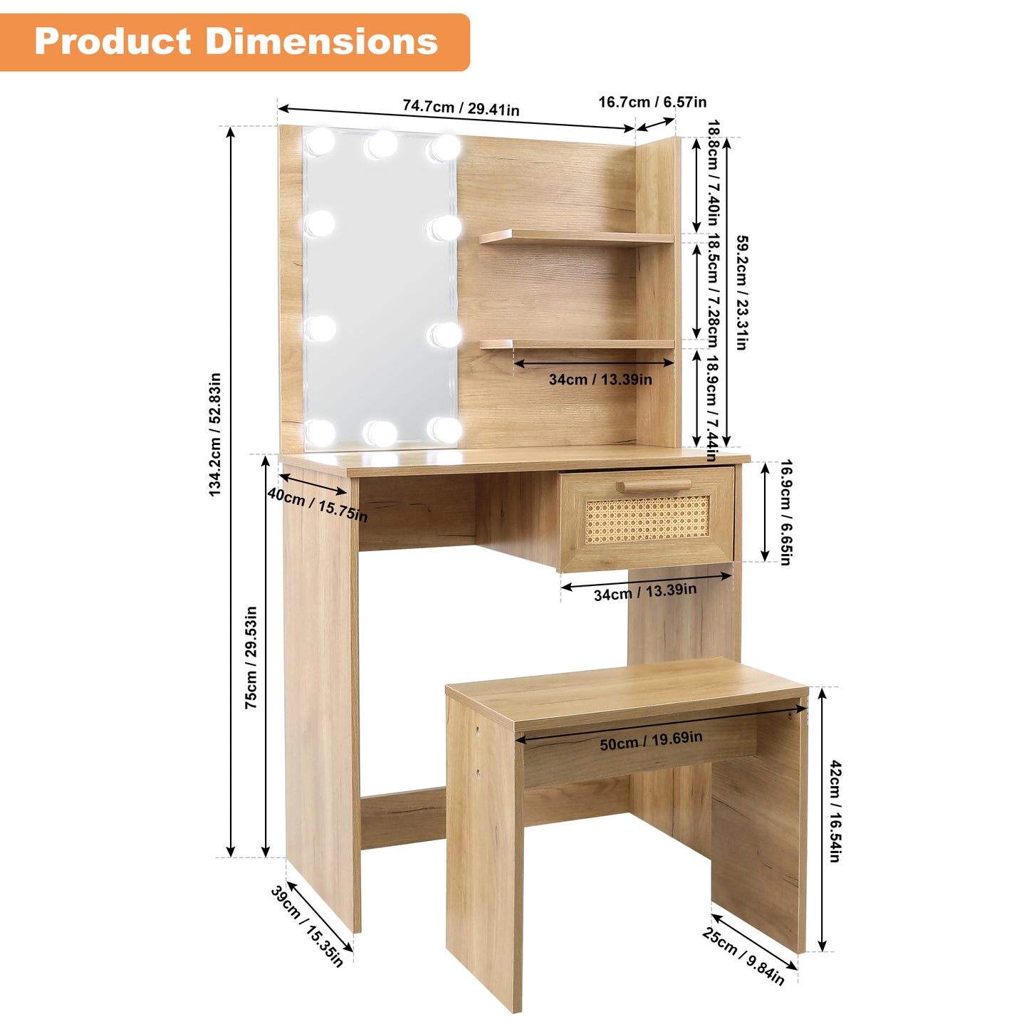 Brooks II Vanity Desk Set With LED Lighting Mirror - Natural