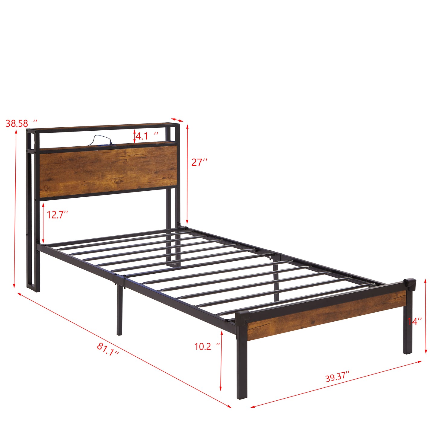 Fusco Twin Size Platform Bed Frame - Black+Brown