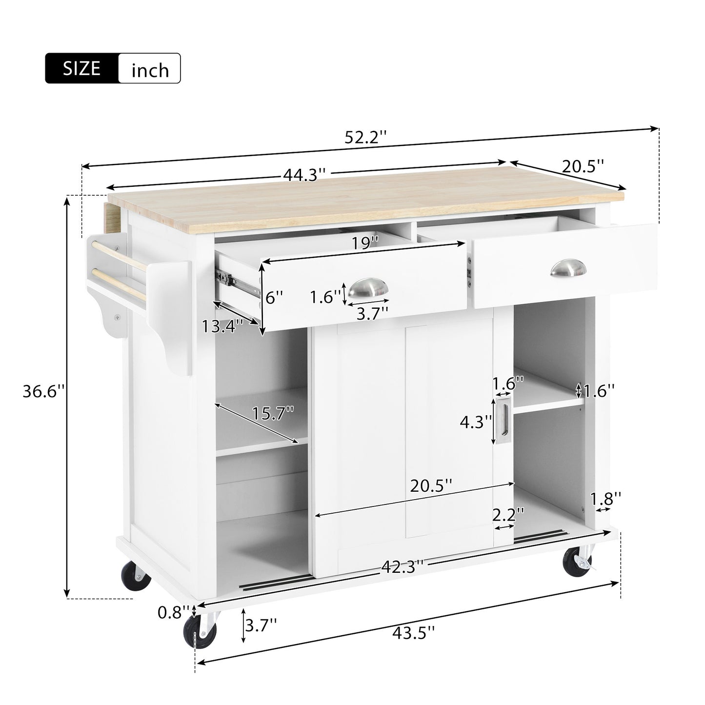 Culinary  Kitchen Cart with Countertop With Barn Door - White