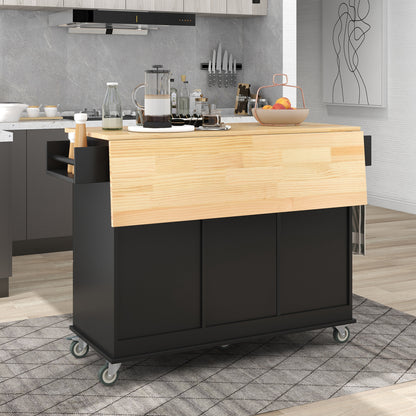 Oasis Kitchen Island with Solid Wood Top and Locking Wheels - Black