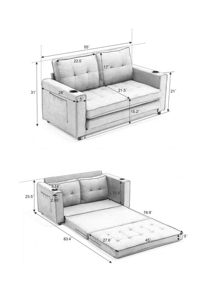 Neo Tufted Loveseat with Pull Out Sleeper - Light Gray